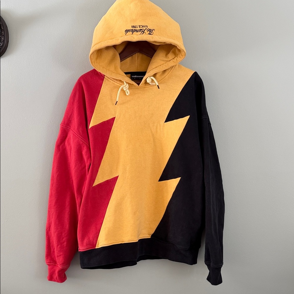 The Hundreds Red Yellow Black Fire Pullover Hoodie Heavyweight Faded Flaws Large